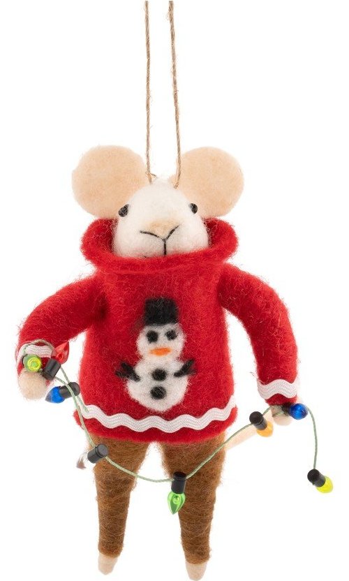 Textilní vánoční ozdoba 6 cm Mouse in Snowman Jumper with Fairy Lights – Sass & Belle Sass & Belle