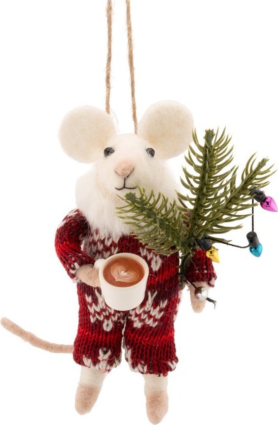 Textilní vánoční ozdoba 9 cm Mouse with Coffee – Sass & Belle Sass & Belle