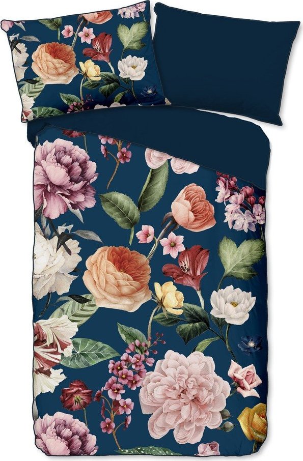Tmavě modré povlečení na jednolůžko/prodloužené z bavlněného saténu 140x220 cm Fiori – Descanso Descanso
