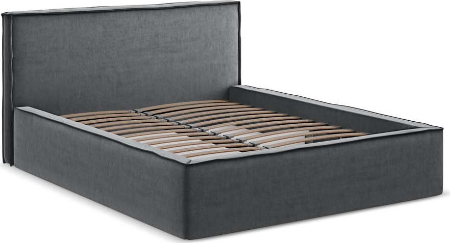 Tmavě šedá čalouněná dvoulůžková postel s úložným prostorem s roštem 140x200 cm Anani – Makamii Makamii