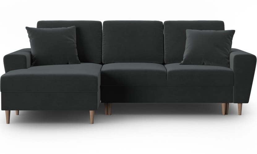 Tmavě šedá sametová rozkládací/s úložným prostorem rohová pohovka (levý roh/s lenoškou) Kyoto – Cosmopolitan Design Cosmopolitan design
