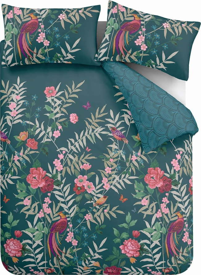 Tmavě zelené prodloužené povlečení na dvoulůžko 230x220 cm Tropical Floral Birds – Catherine Lansfield Catherine Lansfield