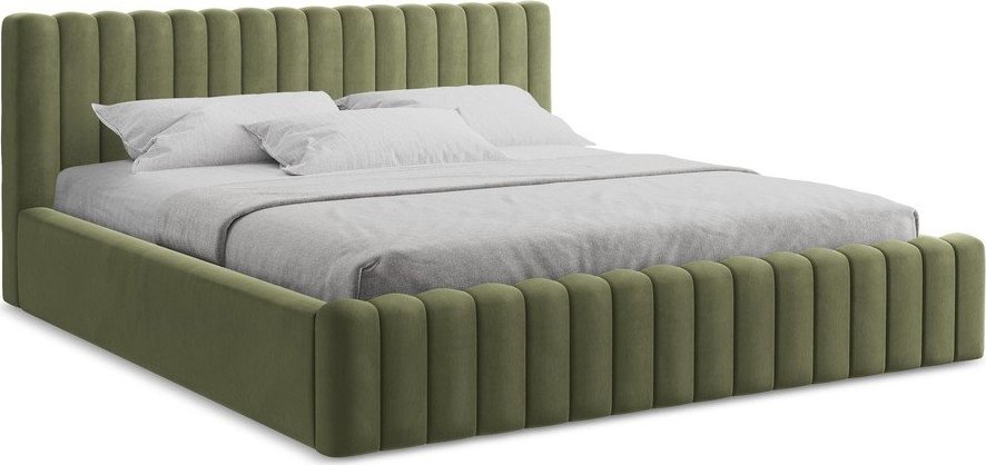 Zelená čalouněná dvoulůžková postel s úložným prostorem s roštem 140x200 cm Lemi – Makamii Makamii