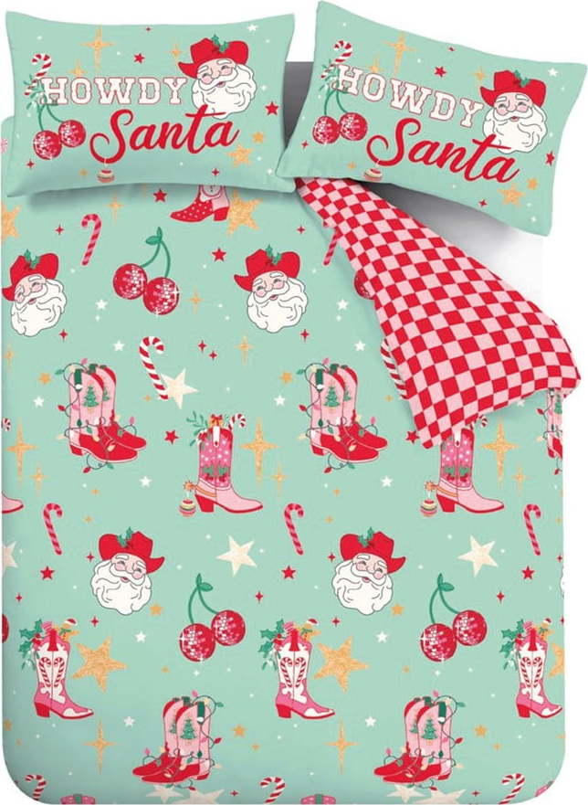 Zelené/růžové povlečení na dvoulůžko/prodloužené 230x220 cm Santa's Howdy Christmas – Catherine Lansfield Catherine Lansfield