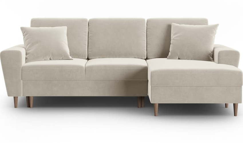 Béžová sametová rozkládací/s úložným prostorem rohová pohovka (pravý roh/s lenoškou) Kyoto – Cosmopolitan Design Cosmopolitan design
