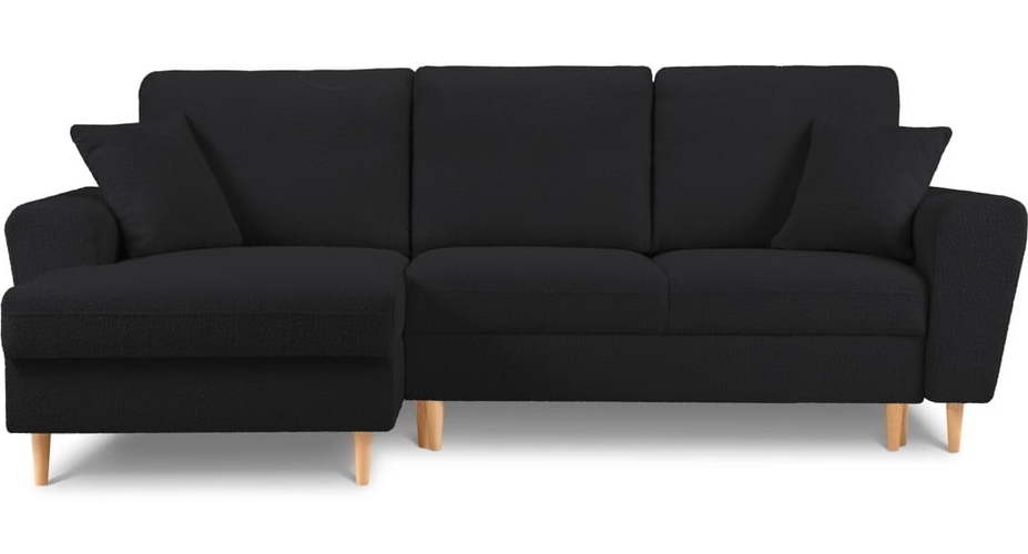 Černá rozkládací/s úložným prostorem rohová pohovka z textilie bouclé (levý roh/s lenoškou) Kyoto – Cosmopolitan Design Cosmopolitan design