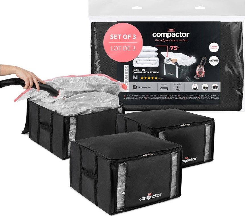 Černé vakuové plastové úložné boxy v sadě 3 ks 42x40x25 cm Black Edition – Compactor Compactor