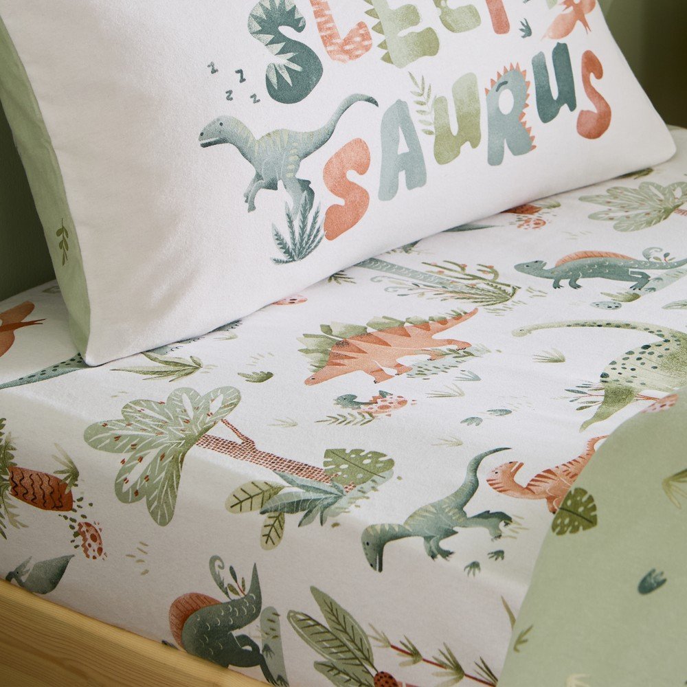 Krémové napínací flanelové dětské prostěradlo na jednolůžko 90x190 cm Brushed Sleepy Saurus Dino – Catherine Lansfield Catherine Lansfield